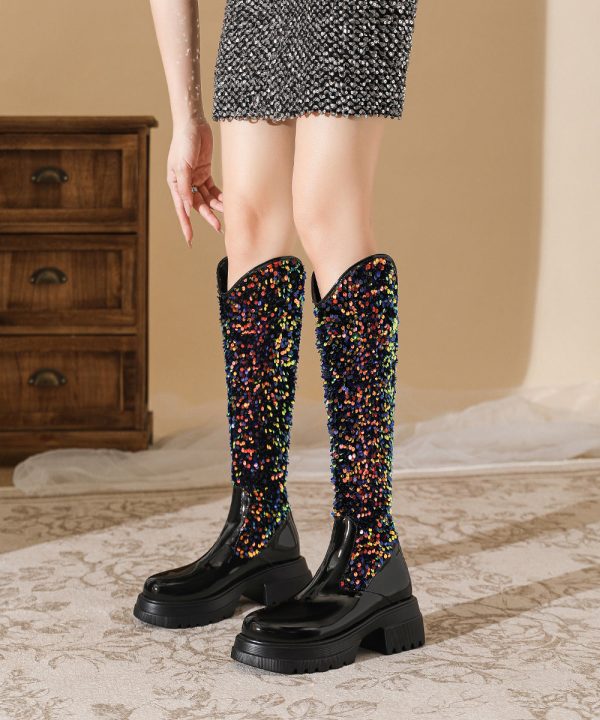Black Chunky Faux Leather Stylish Splicing Sequins Boots For Cheap - Image 3