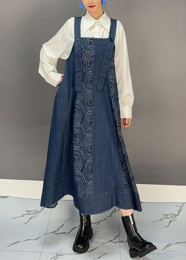 Women Denim Blue Slash Neck Print Long Spaghetti Strap Dress Spring Fashion