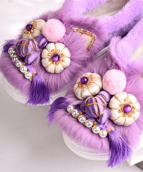 Purple Retro Handmade Fuzzy Wool Lined Splicing Platform Flats Sale - Image 5