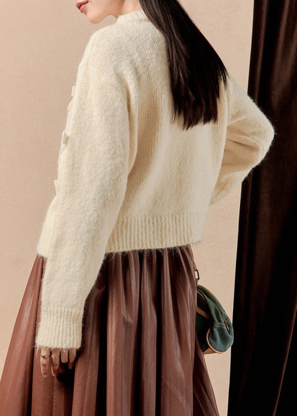Elegant White Button Bow Patchwork Cotton Knit Sweaters Winter Online now - Image 5