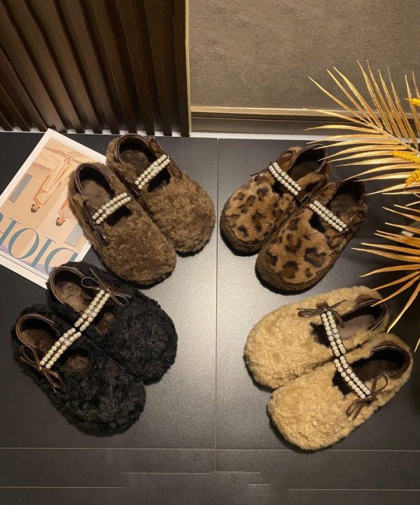 Leopard Faux Fur Stylish Splicing Nail Bead Flat Feet Shoes For Cheap - Image 5
