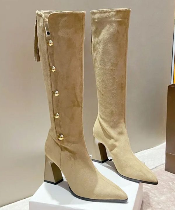 New Apricot Splicing Suede Chunky Heel Boots Pointed Toe Online now - Image 4