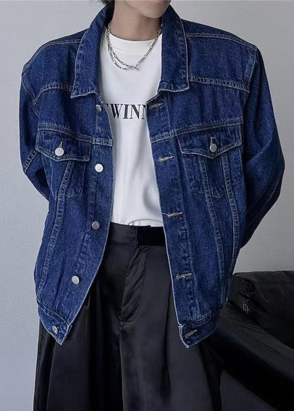 Simple Navy Peter Pan Collar Button Denim Mens Coats Spring Discount - Image 4