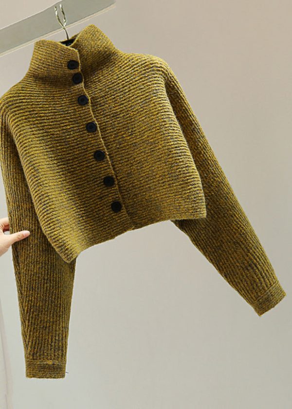 Italian Yellow Turtleneck Button Cotton Knitted Sweater Batwing Sleeve Hot on Sale