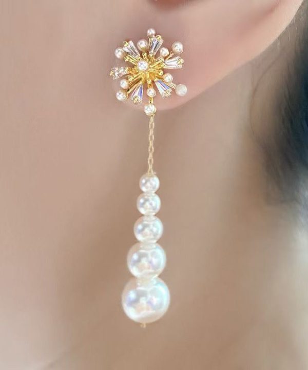 Stylish Gold Alloy Zircon Pearl Fireworks Tassel Drop Earrings Online Sale - Image 4