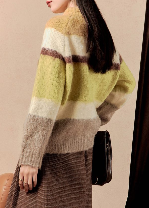 Chic Yellow Striped Button Patchwork Cotton Knit Sweaters Winter Online now - Image 5