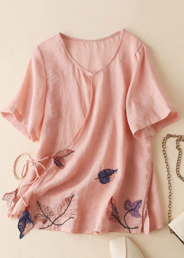 Grace Light Blue V Neck Embroideried Tie Waist Cotton Linen Top Short Sleeve Supply - Image 3