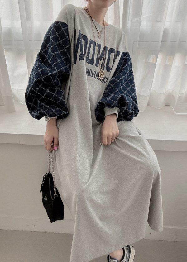 Casual Grey Oversized Patchwork Cotton Sweatshirt Dress Lantern Sleeve Hot on Sale - Image 4