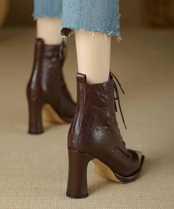 Fashion Brown Sheepskin Splicing Chunky Heel Boots Cross Strap For Cheap - Image 5