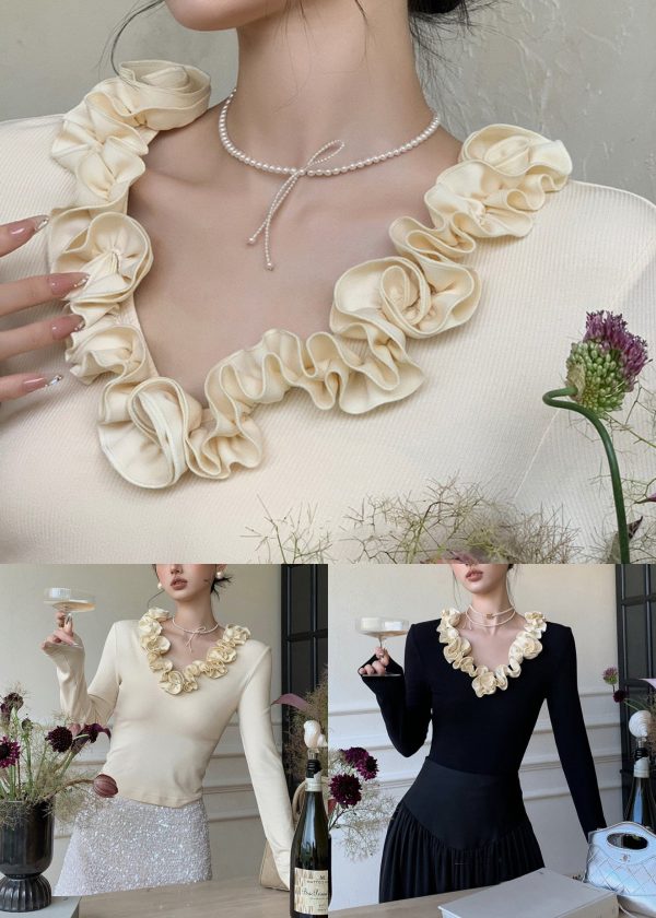 Apricot Ruffled Solid Cotton T Shirt V Neck Spring Hot on Sale - Image 5