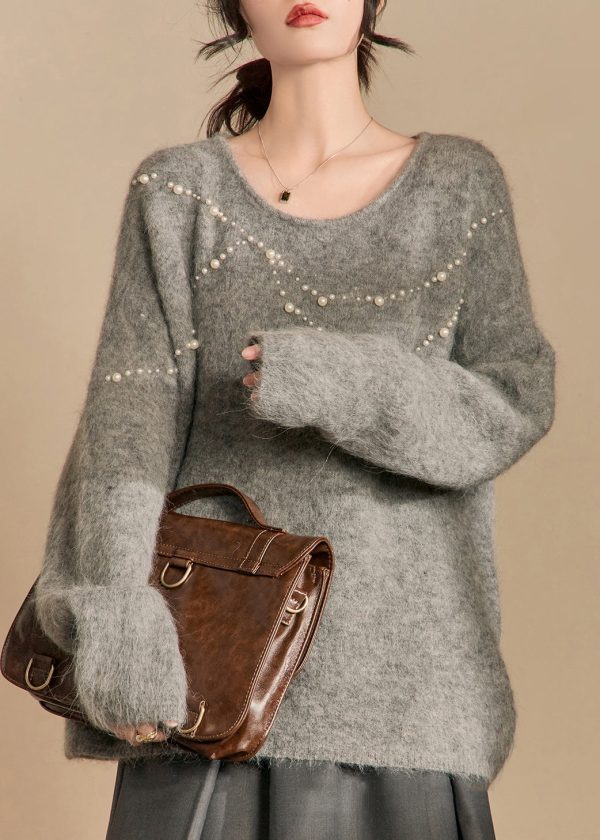 Loose Grey O Neck Pearl Cotton Knit Sweaters Winter Supply - Image 2