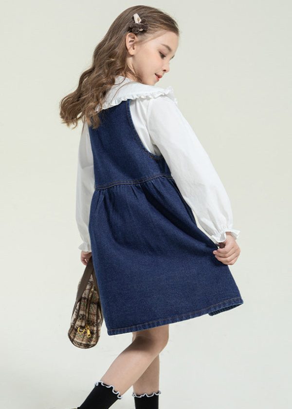 Stylish Peter Pan Collar Button Kids Long Dress And Shirts Two Pieces Set Spring Online Hot Sale - Image 5