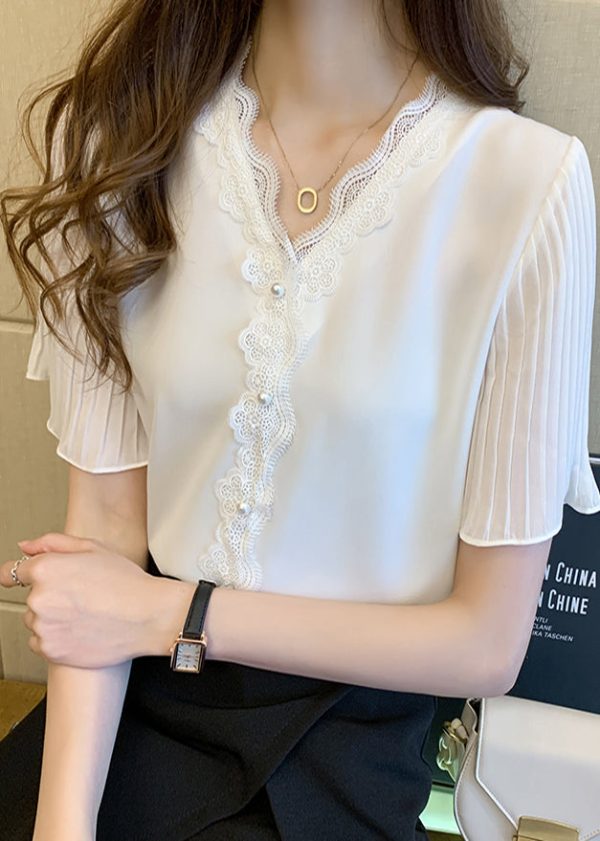 Italian Pink Lace Patchwork Nail Bead Chiffon Shirt Top Summer Cheap - Image 2