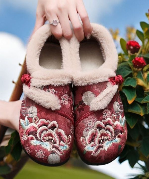 Retro Coffee Embroidery Flat Shoes Splicing Fuzzy Wool Lined Supply - Image 3