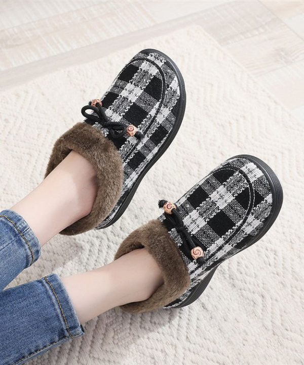 New Black Plaid Women Splicing Flats Fuzzy Wool Lined Discount - Image 3
