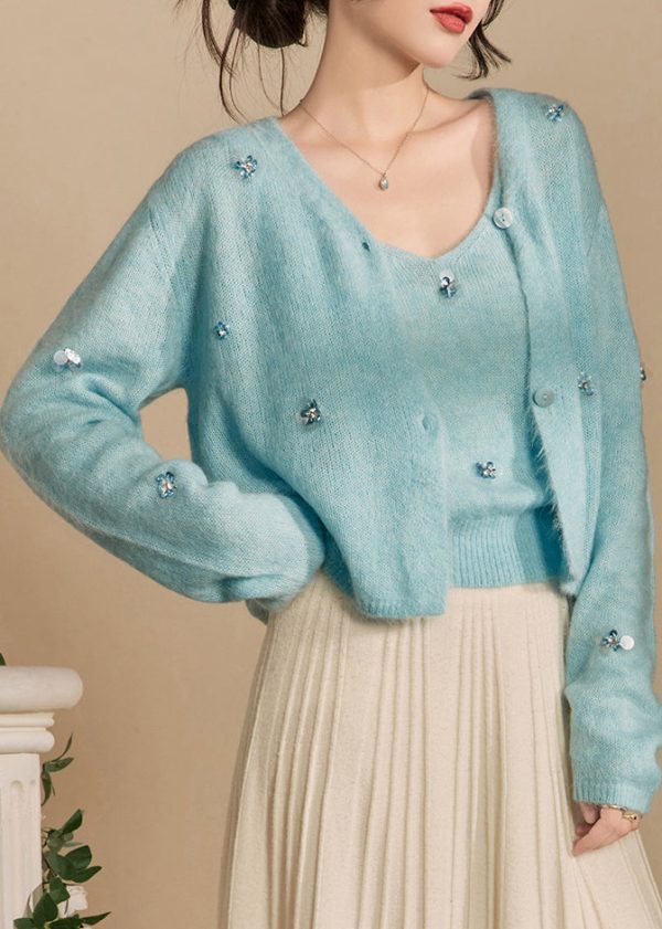 Art Blue Button Cardigans And Tank Knit Two Piece Set Spring Discount - Image 4