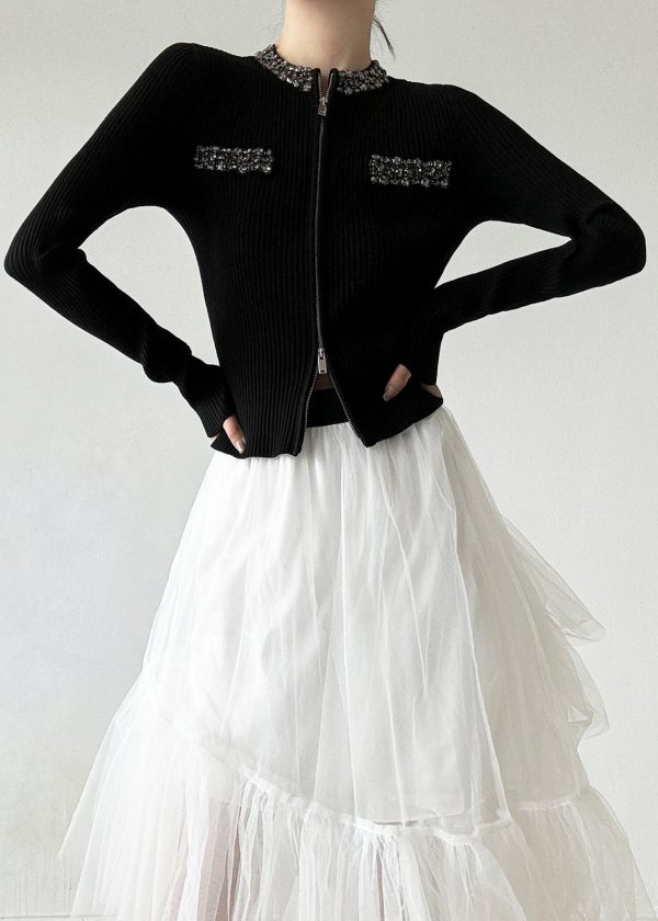 Stylish Black O-Neck Zip Up Zircon Wool Cardigans Spring Online now - Image 4