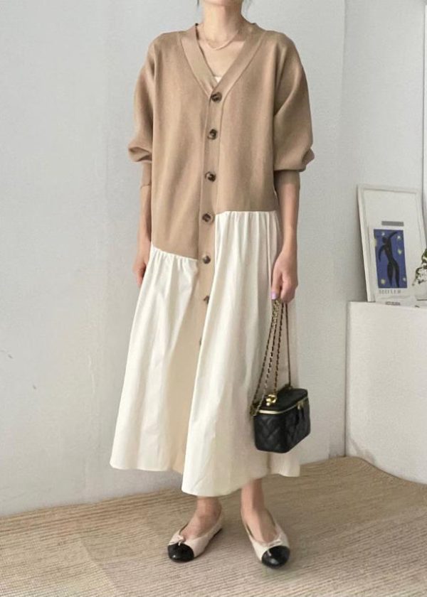 French Khaki Asymmetrical Patchwork Cotton Maxi Dresses Spring Online Sale - Image 3