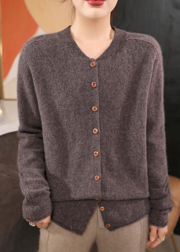 Classy Coffee O Neck Button Woolen Coats Spring Online - Image 3