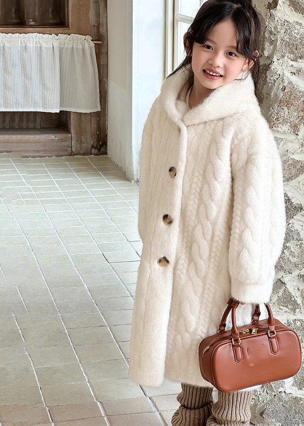 Unique White Button Kids Mink Velvet Maxi Hooded Coat Winter For Discount - Image 2