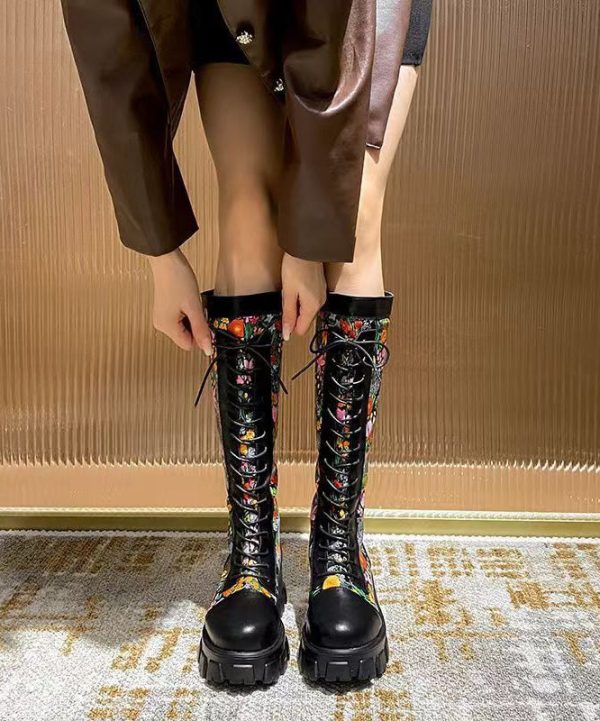 Black Embossed Splicing Chic Platform Boots Lace Up Sale - Image 3