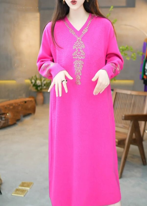Beautiful Rose V Neck Zircon Knit Long Dress Winter Online now - Image 5