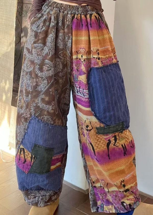 Bohemian Colorblock Pockets Patchwork Fine Cotton Filled Pants Winter Fashion - Image 2