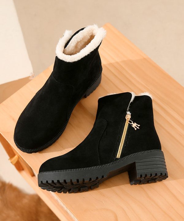 Black Zippered Splicing Chunky Boots Fuzzy Wool Lined Online - Image 4