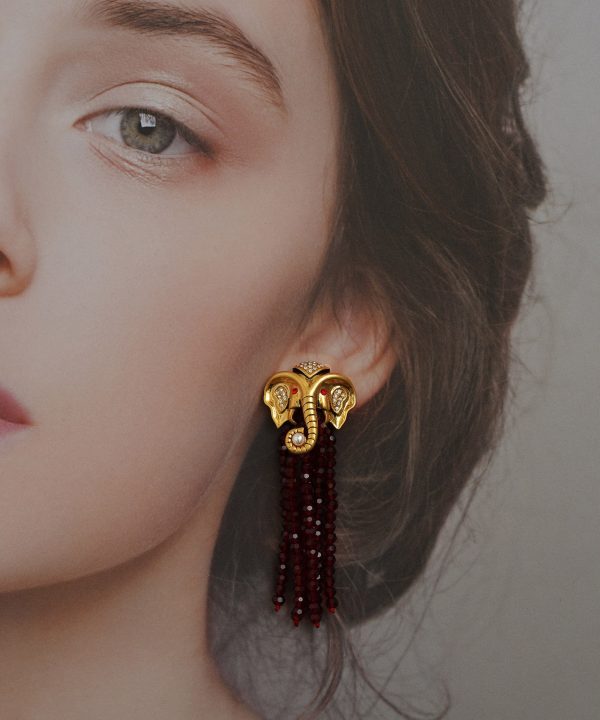 Casual Red Copper 14K Gold Elephant Pearl Tassel Drop Earrings Online now - Image 2