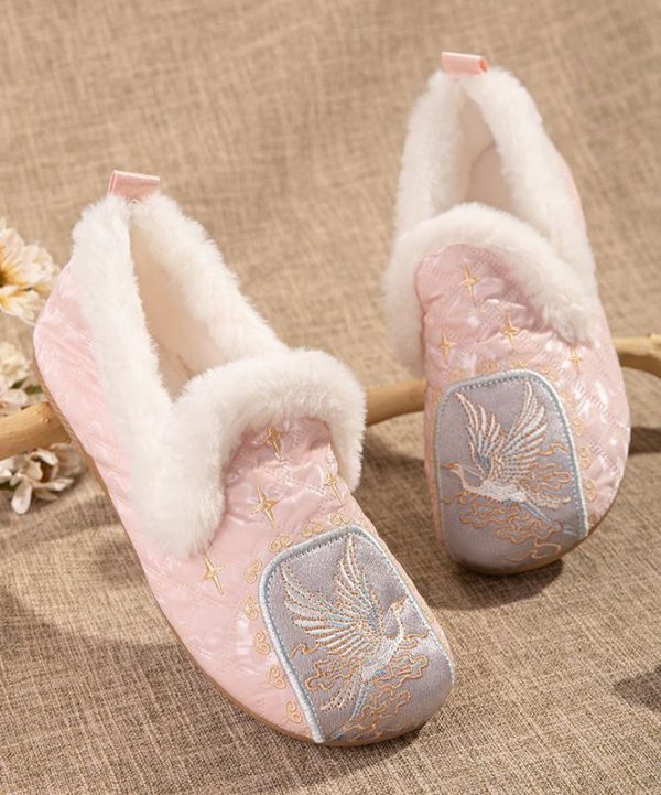 Pink Comfy Fuzzy Wool Lined Flat Shoes Embroidery For Sale