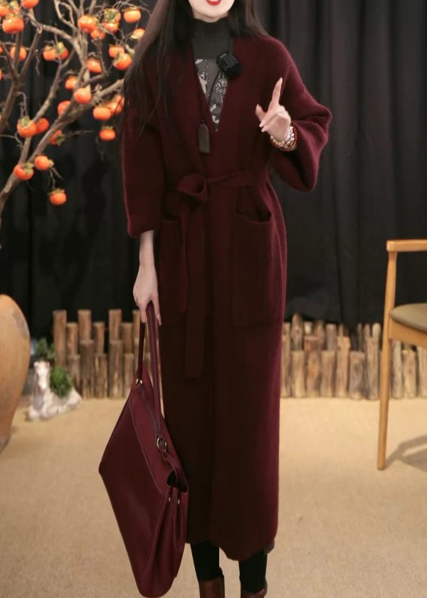 Loose Wine Red V Neck Pockets Tie Waist Knit Cardigans Winter Online - Image 3