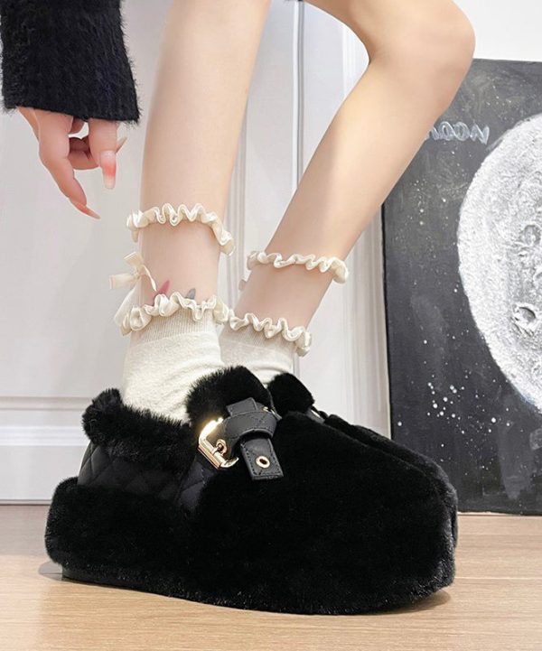 Black Fuzzy Wool Lined Platform Stylish Splicing Flat Shoes Supply