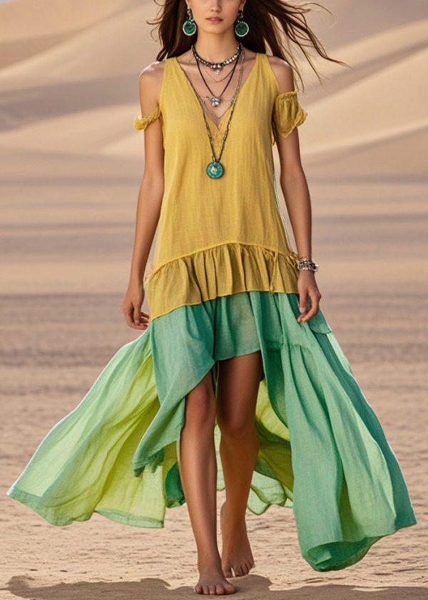 Yellow Patchwork Cotton Maxi Dresses Cold Shoulder Asymmetrical Design Summer on Sale - Image 3