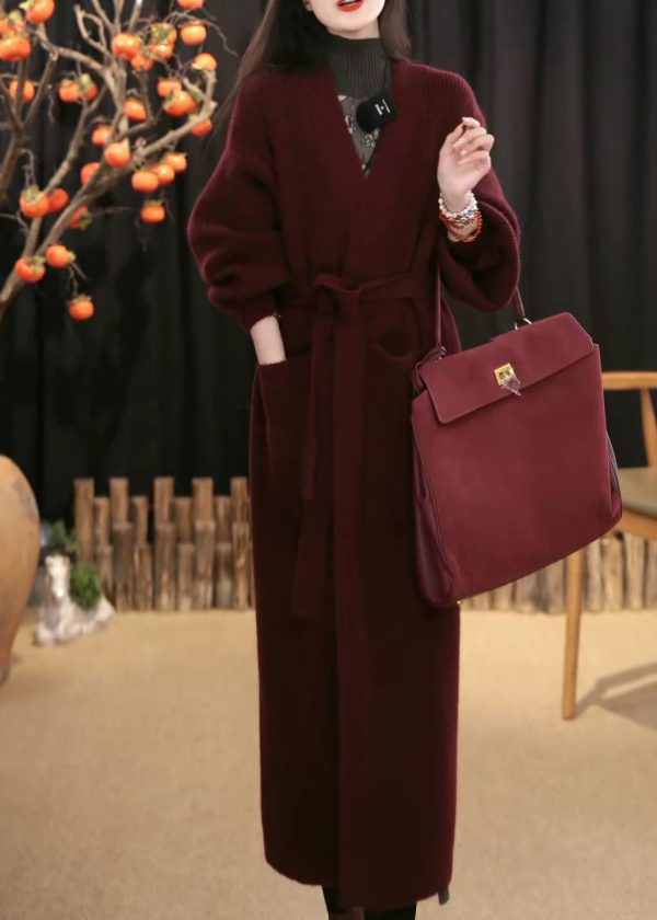 Loose Wine Red V Neck Pockets Tie Waist Knit Cardigans Winter Online - Image 5