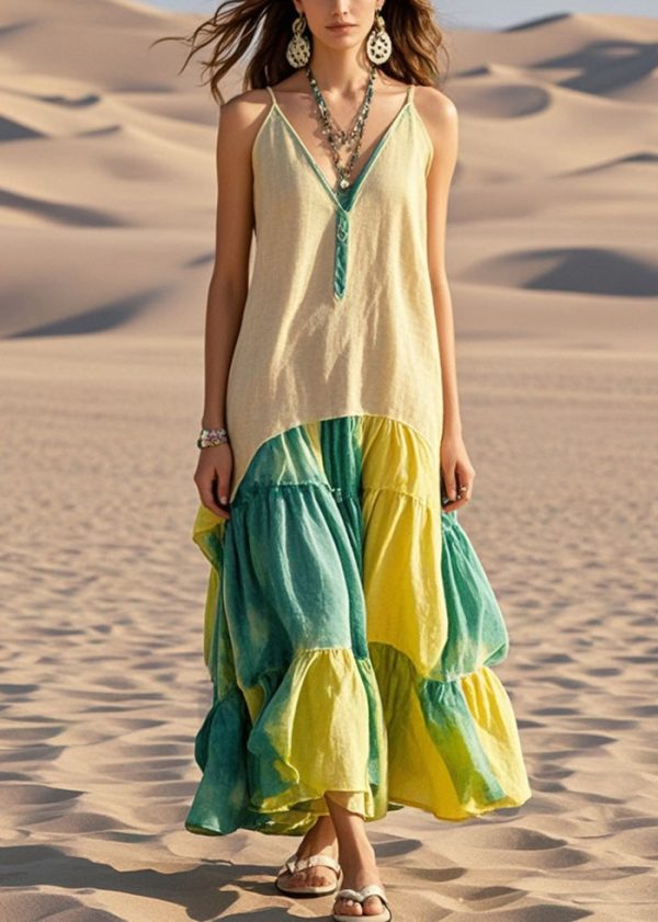Modern Khaki Tie Dye Patchwork Cotton Spaghetti Strap Dress Summer For Cheap