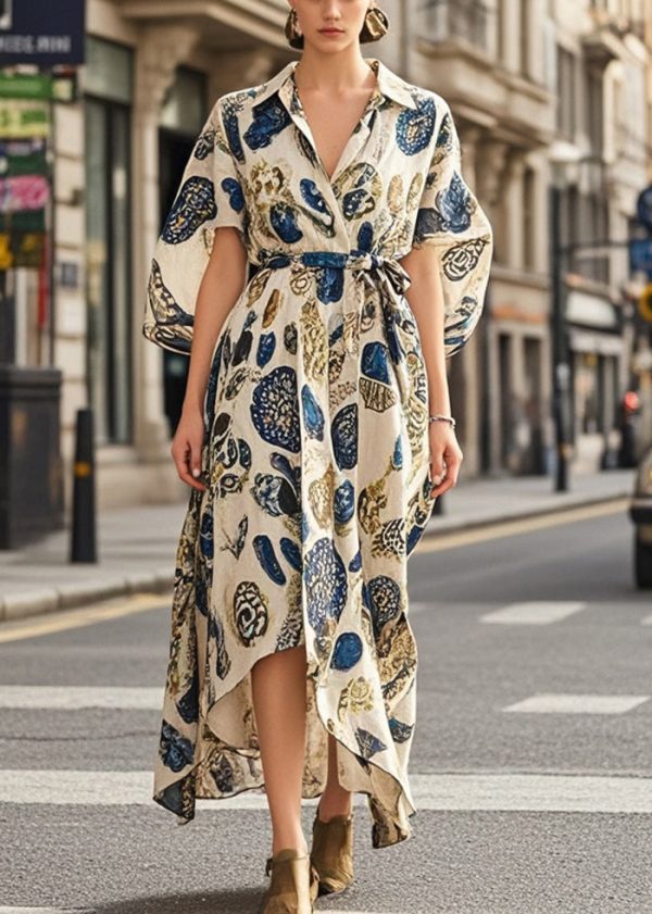 Boutique Apricot Print Tie Waist Cotton Long Dress Summer Sale - Image 5