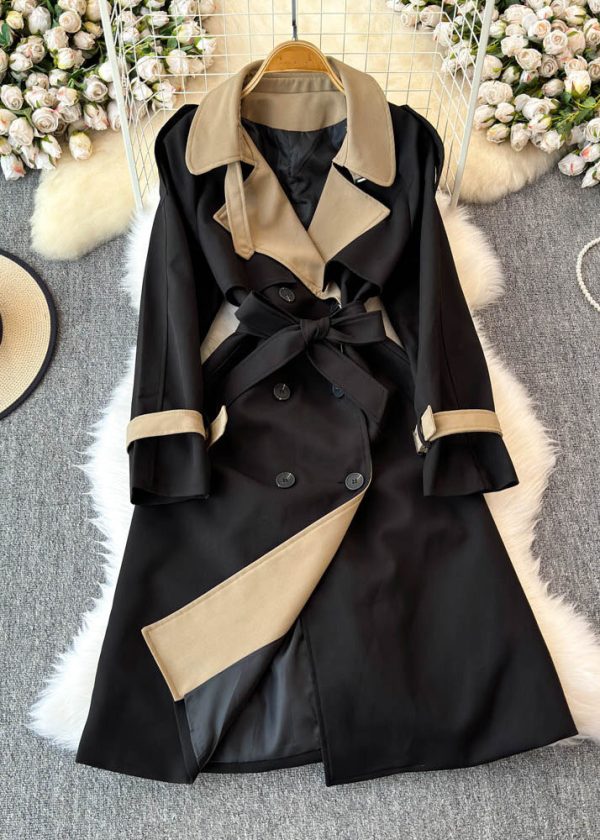 Boho Beige Notched Pockets Button Tie Waist Long Trench Coats Spring Online Hot Sale - Image 2