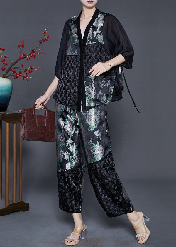 Beautiful Black Oversized Patchwork Silk Two Pieces Set Summer on Sale