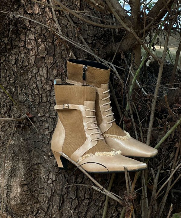 Stylish Khaki Lace Up Zippered Splicing Chunky Boots Online - Image 5