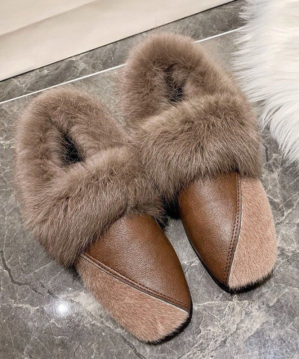 Unique Khaki Penny Loafers Splicing Fuzzy Wool Lined Fashion - Image 4
