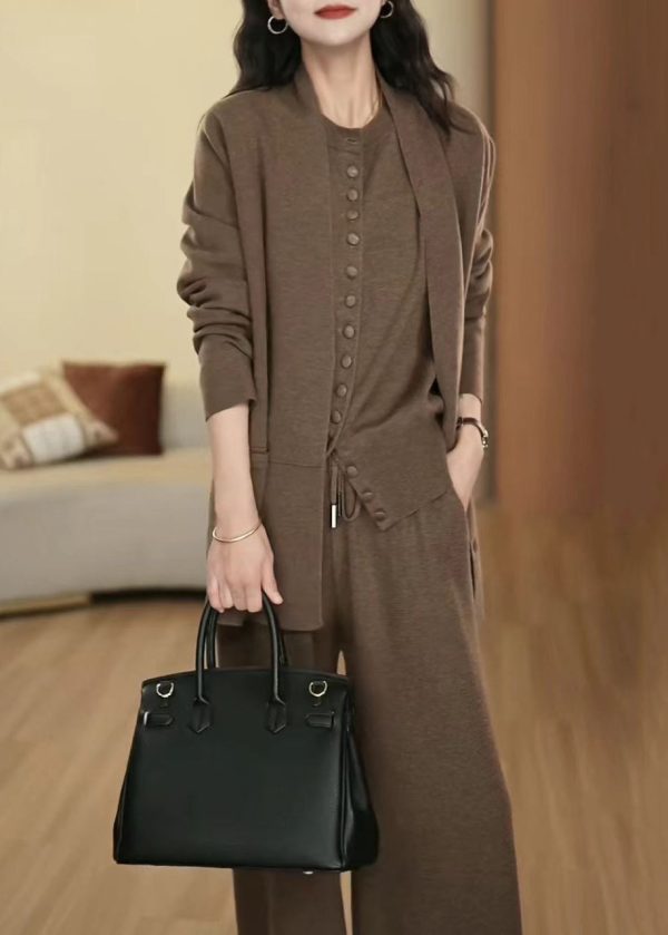 French Coffee Button Pockets Elastic Waist Wool Three Pieces Set Winte For Sale - Image 4