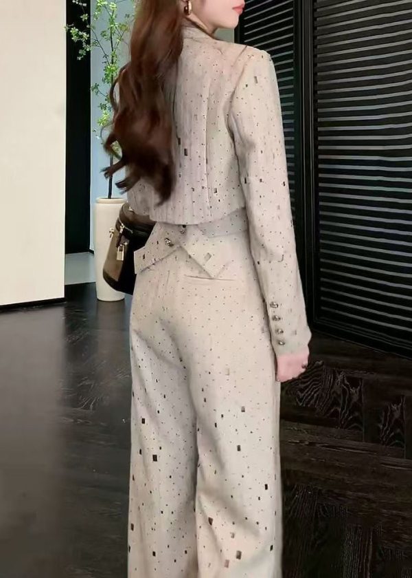 Stylish Grey Notched Print Top And Wide Leg Pants Two Pieces Set Spring For Discount - Image 4