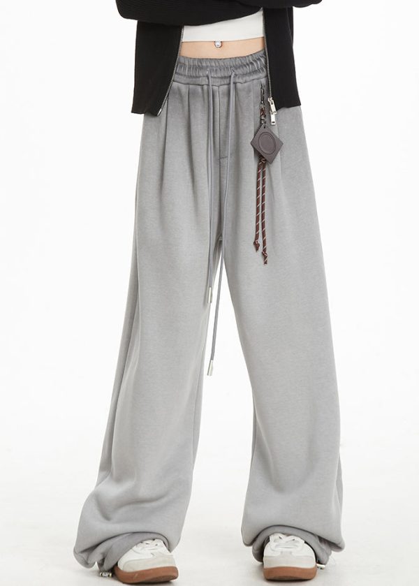 Organic Grey Elastic Waist Patchwork Thick Straight Pants Spring Sale - Image 3