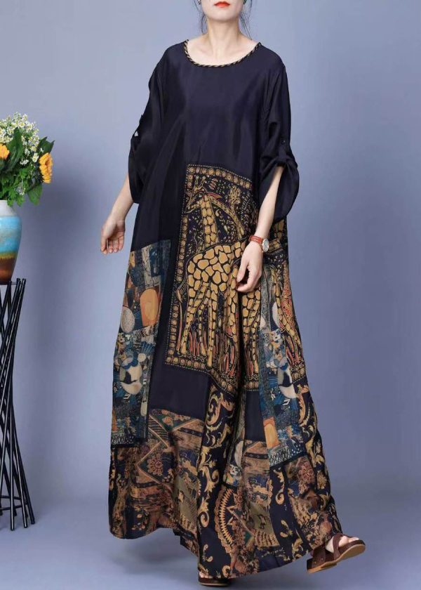 Black Button Patchwork Silk Long Dress O Neck Spring Supply - Image 2