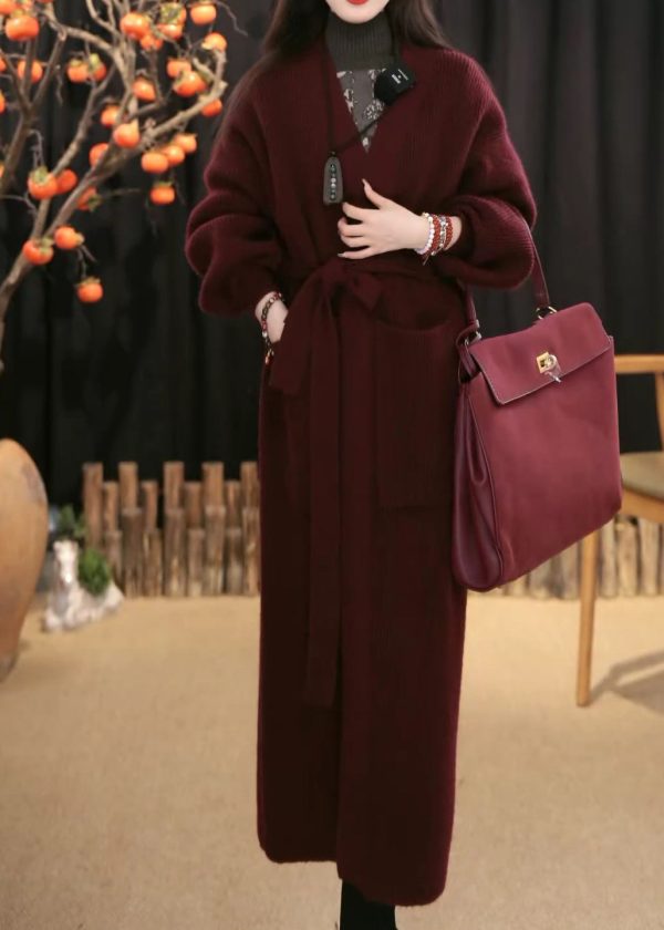 Loose Wine Red V Neck Pockets Tie Waist Knit Cardigans Winter Online - Image 4
