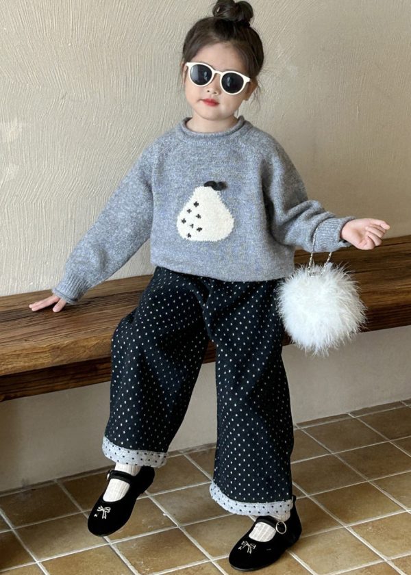 Casual Grey O-Neck Thick Girls Knitted Cotton Sweaters And Pants Two Pieces Set Spring For Cheap - Image 3