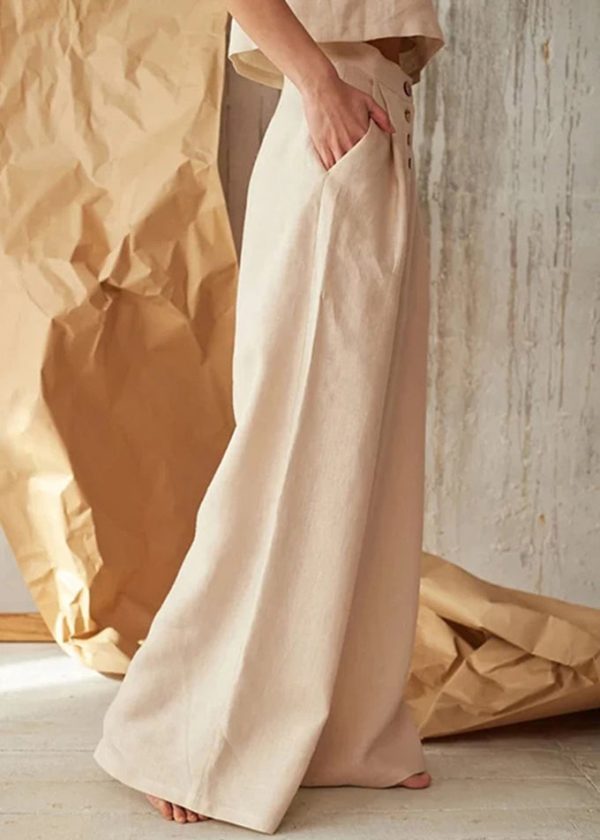 New Casual Apricot Pockets Button Linen Straight Pants Spring Sale - Image 4