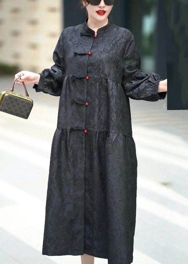 French Black Stand Collar Button Silk Shirts Dresses Spring on Sale - Image 3