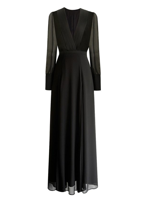 Art Black V Neck Slim Fit Silk Long Dress Spring Hot on Sale - Image 4