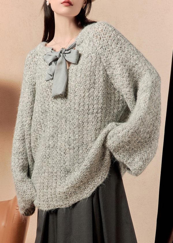 Loose Grey Lace Up Solid Knit Sweaters Flare Sleeve Hot on Sale - Image 4